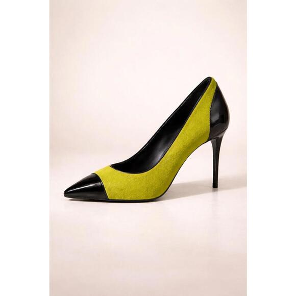 Giuseppe Zanotti Lime Green NWB Suede Black Patent Cap Toe Pointed Pumps Size 5 - Picture 1 of 14